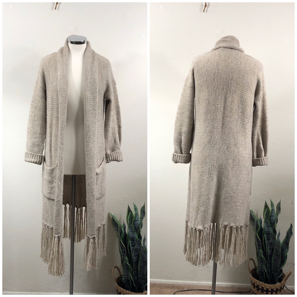 OYSHO Gray Maxi length Sweater Knit Cardigan Long Fringe Oversized Small